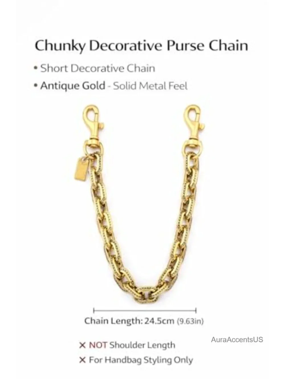 Chunky Decorative Purse Chain with Double Clips - Short Bag Accent for Handbags